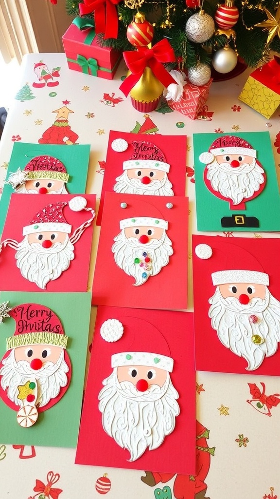A variety of handmade Christmas cards with Santa designs, decorated with glitter and stickers on a festive table.